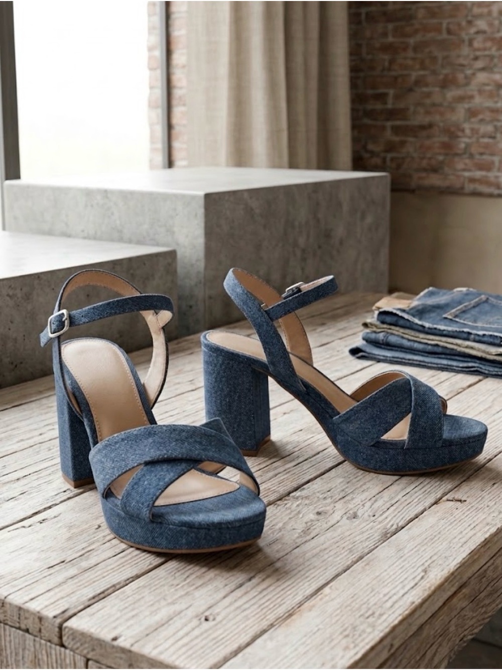 Attention Denim-Style Platform Block Heel Sandals - Blue